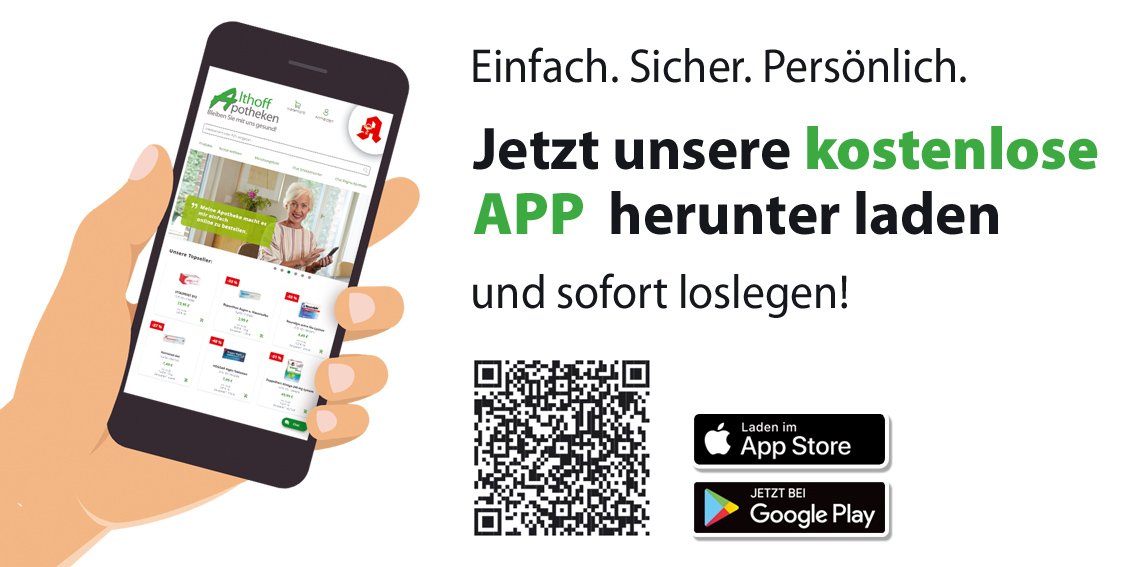 Grafik der Festung Apotheke zur kostenlosen App mit QR-Code und Download-Buttons für App Store und Google Play.