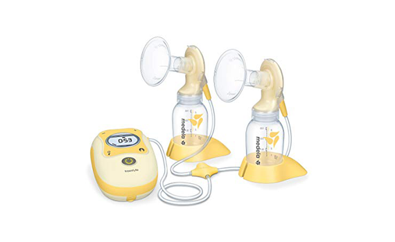 Elektrische Doppelmilchpumpe Medela mit zwei Flaschen und Steuergerät, geeignet für effizientes Abpumpen.